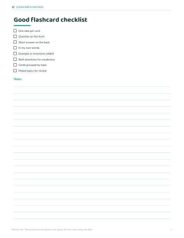 Preview of Printable Flashcard Study Checklist